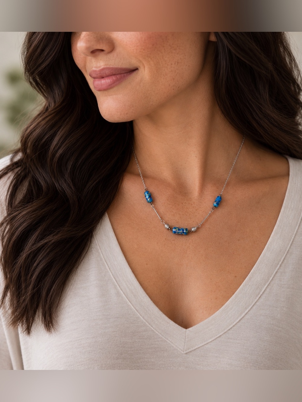 Blue Beaded Necklace Handmade Boho Statement Blue White Beads